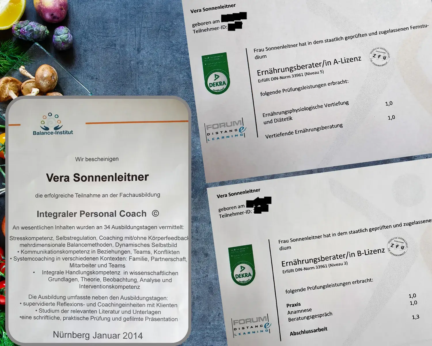 Zertifikate Vera Sonnenleitner – Staatlich zertifizierte Ernährungsberaterin Nürnberg